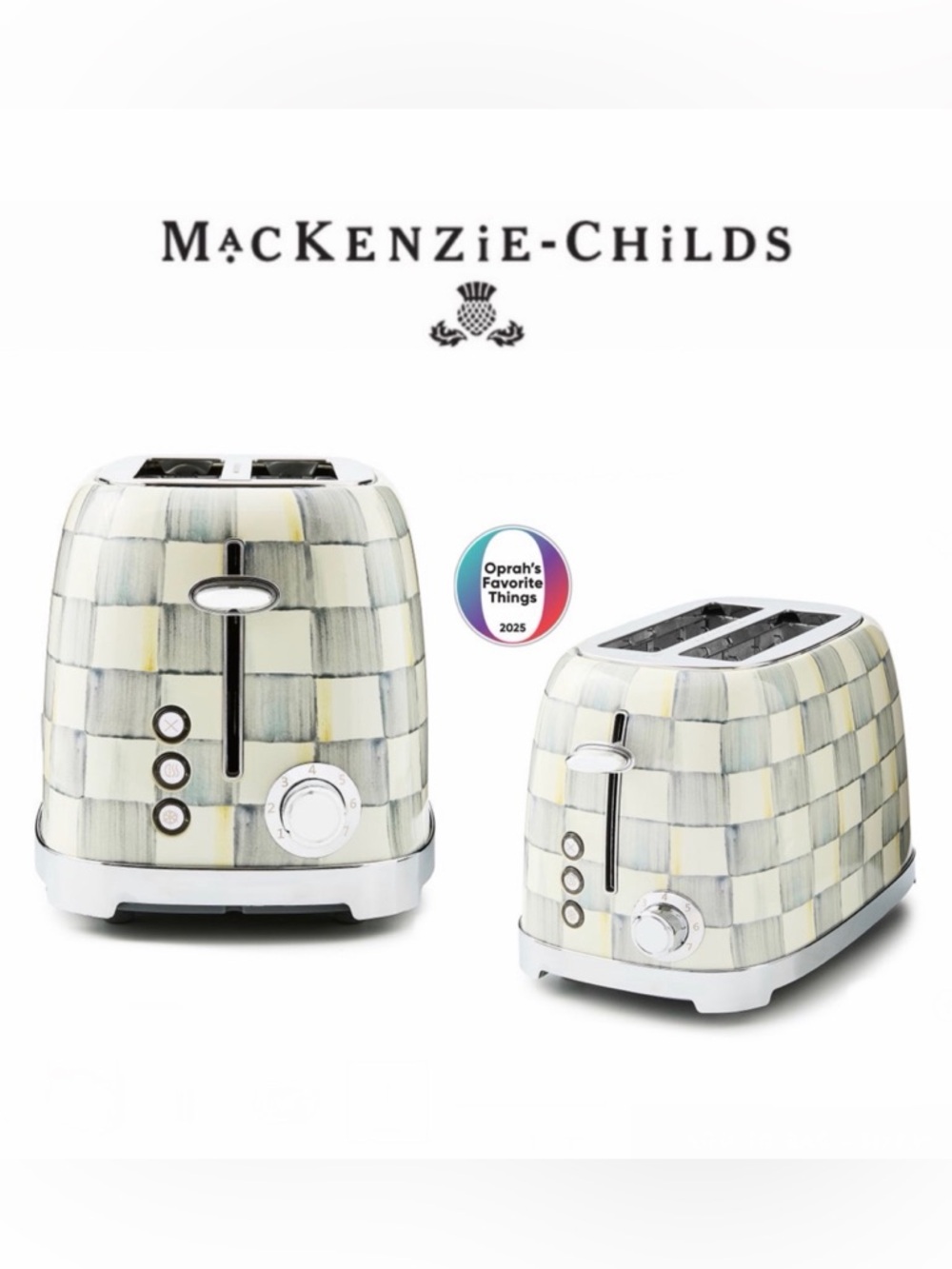 MacKenzie-Childs Sterling Check 2-Slice Toaster Checker in Cream, Gray NWT $180
